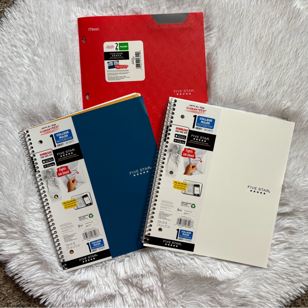 Five Star College Ruled 1 Subject Notebooks Set of 2 & 1 Five Star Folder New